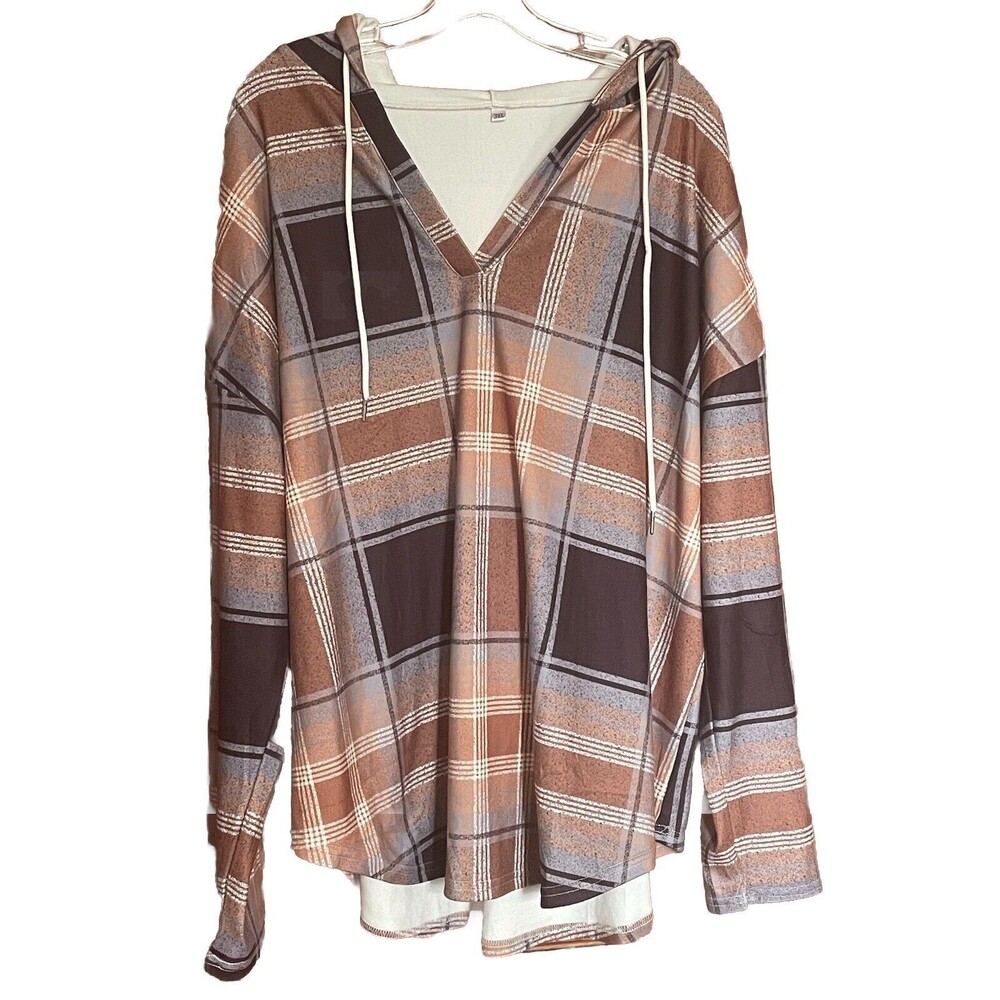 Womens 3XL Long Sleeve Brown Plaid Print Hoodie Soft Comfortable Earth Tones